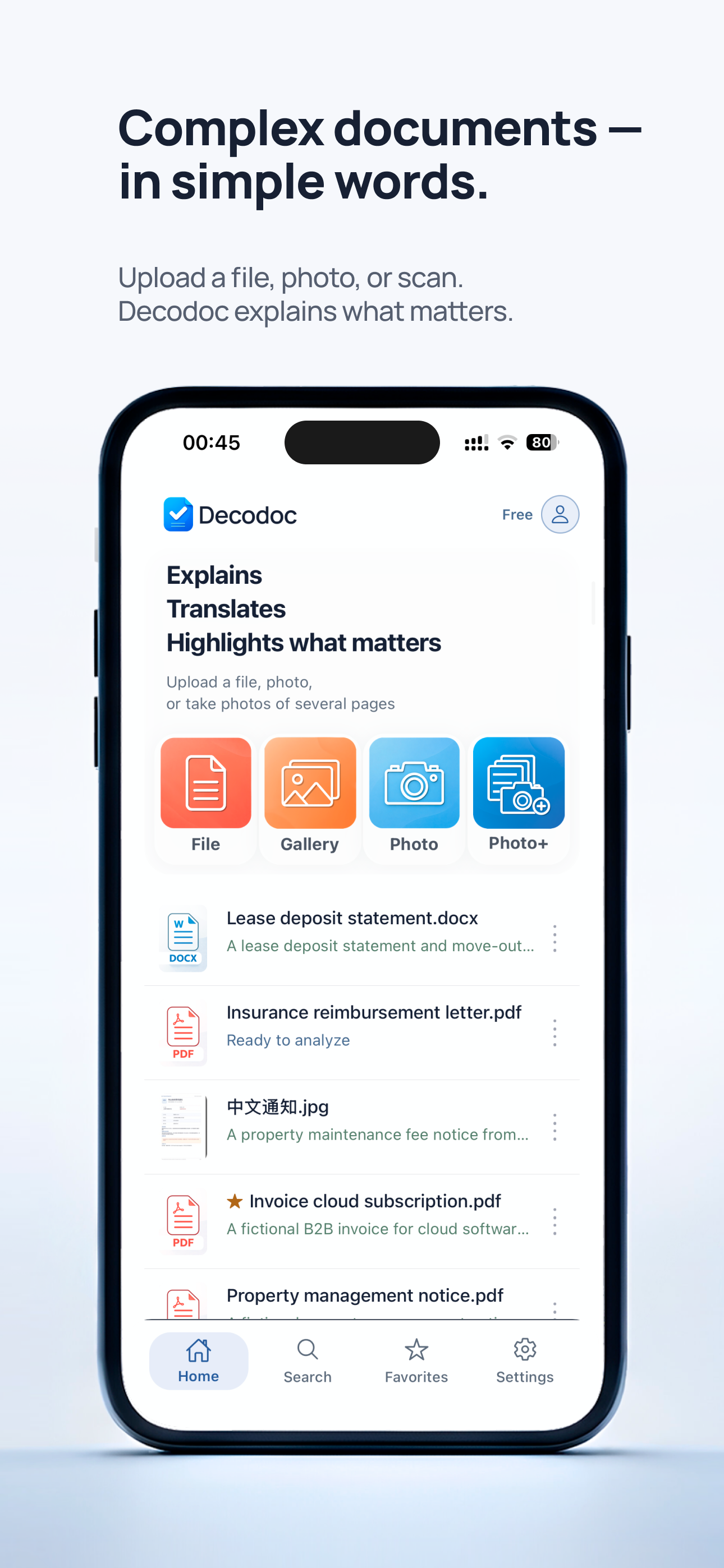 Decodoc home screen — upload a file, photo, or scan