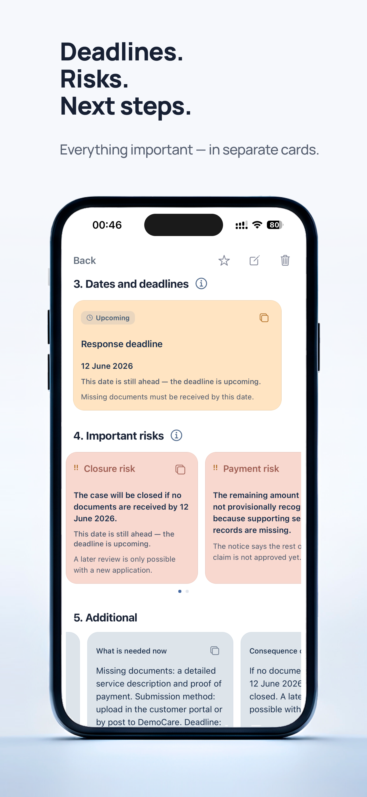 Deadlines, risks, and next steps in separate cards