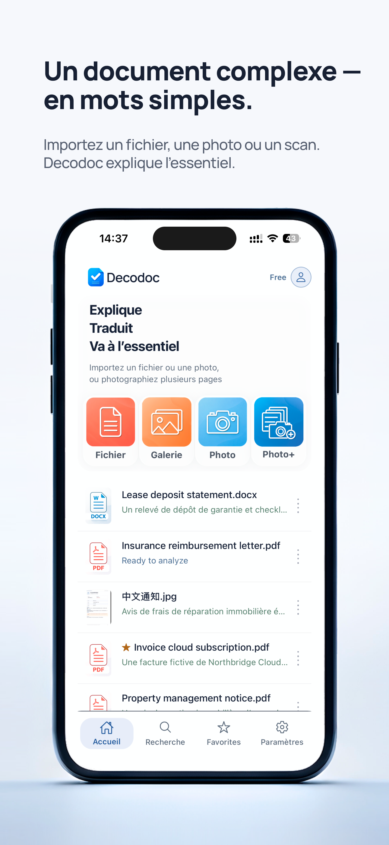 Écran d'accueil Decodoc — importez un fichier, une photo ou un scan