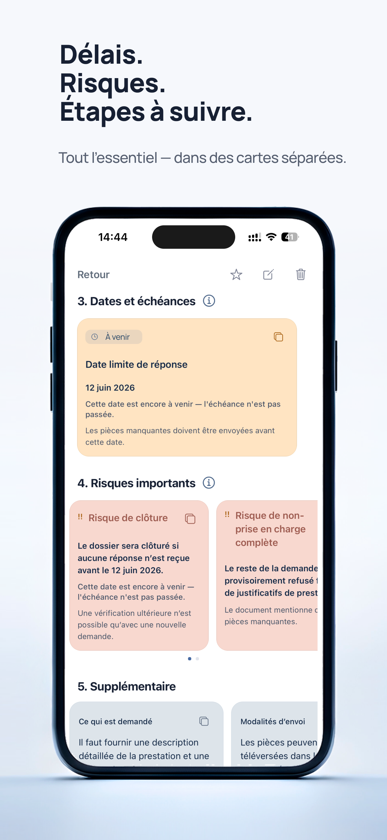 Échéances, risques et prochaines étapes dans des cartes séparées
